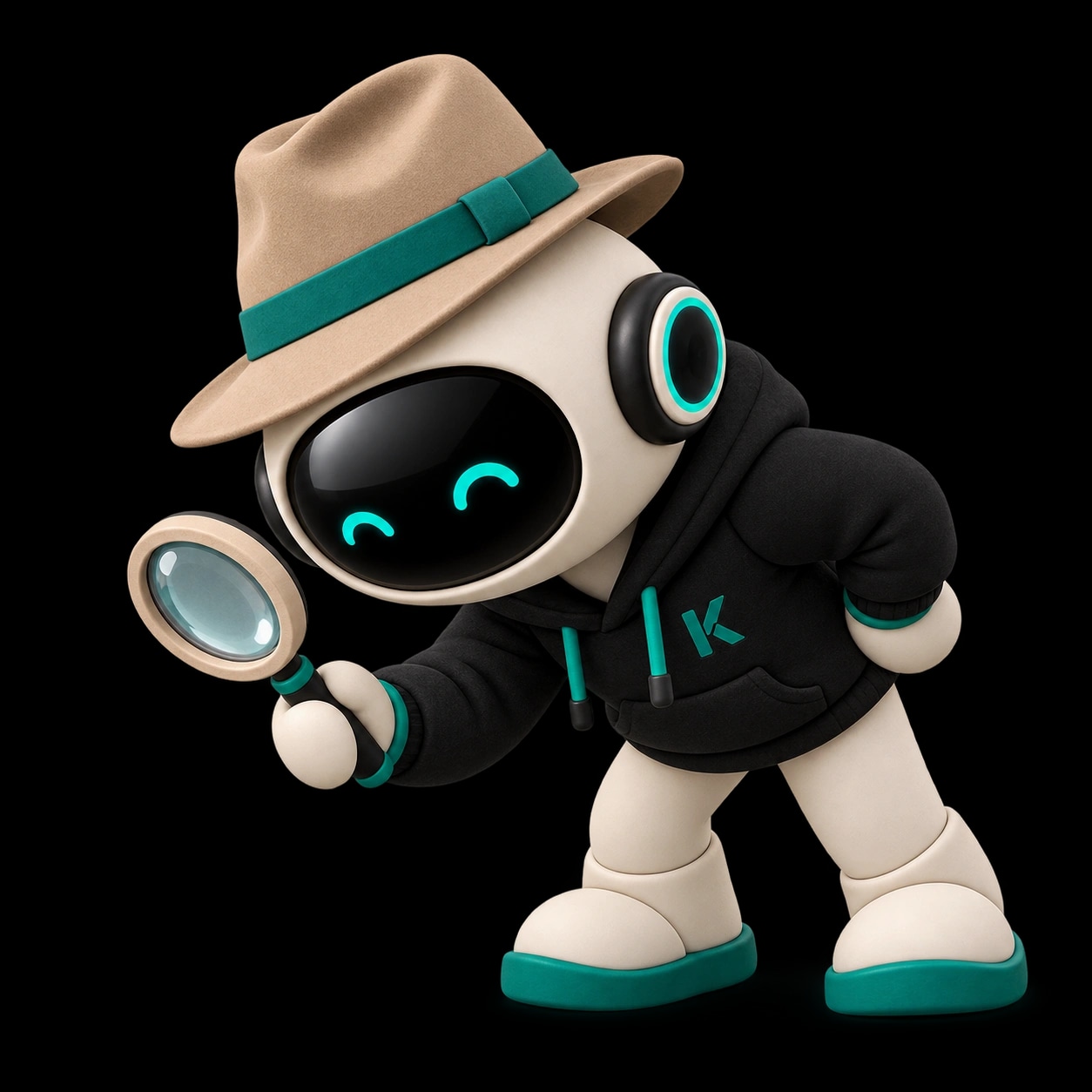 KROVA's mascot, in a detective hat, leaning over the phone to investigate the briefing with a magnifying glass