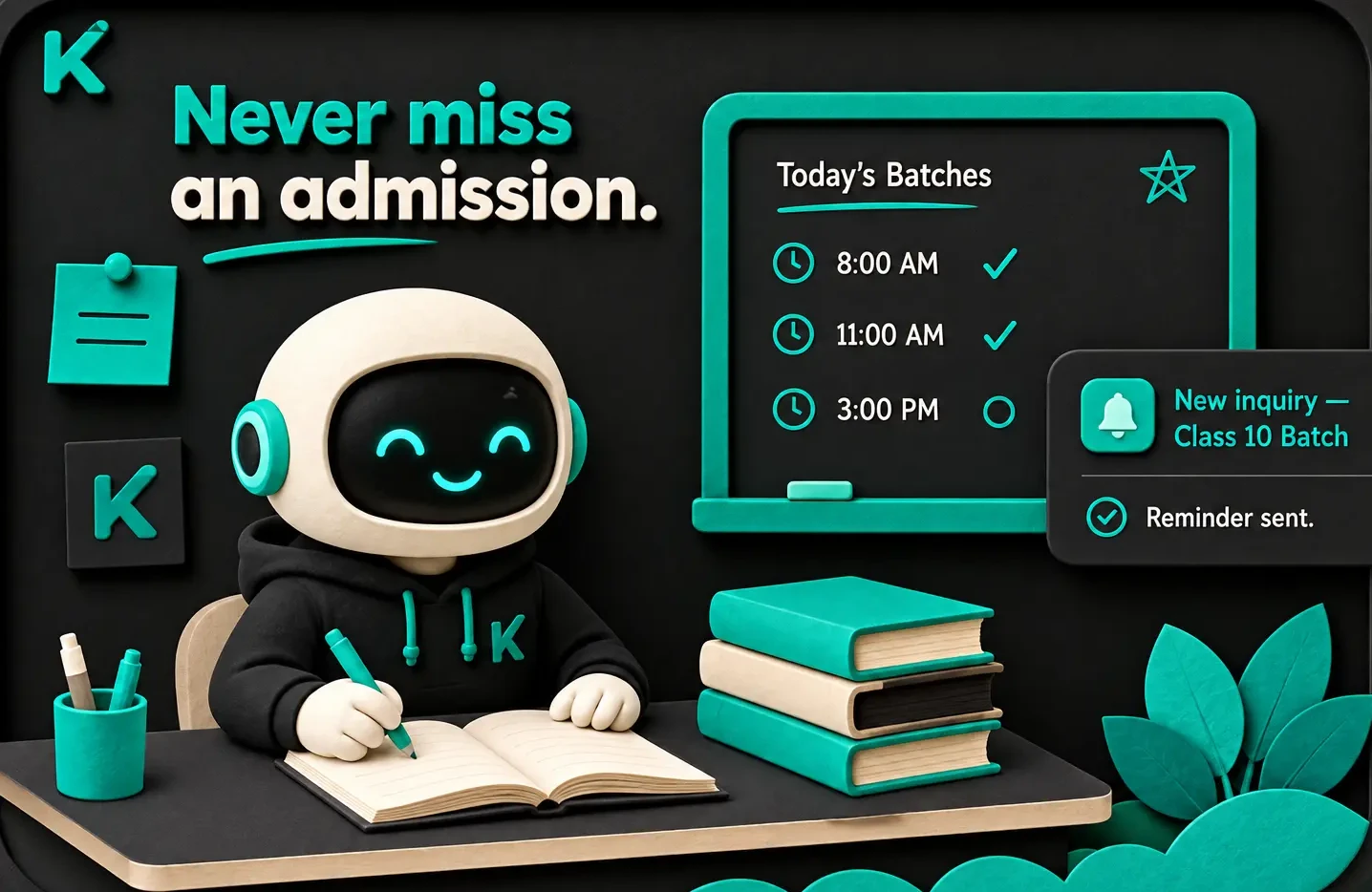 Coaching institutes: Admission inquiries get lost across DMs and WhatsApp. KROVA tracks every parent inquiry, follows up on unpaid fees, books demo calls.